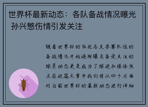 世界杯最新动态：各队备战情况曝光 孙兴慜伤情引发关注